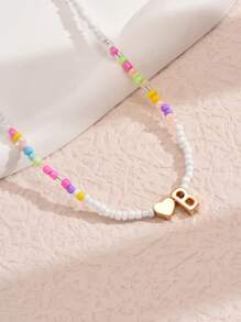 1pc Mixed-Color Rice-Shaped Beaded Heart & Letter Pendant Necklace