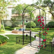 Metal Garden Arch With Gate 79.5'' Wide X 86.6'' High Climbing Plants Support Rose Arch Outdoor Black - màu đen - Xem 4