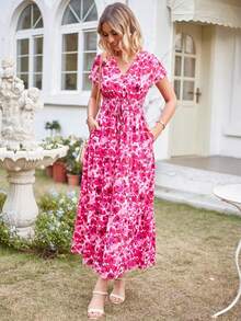 GOOTUCH V-Neck Batwing Sleeve Elastic Waist Long Dress - Pink - View 2