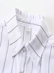 KIMOCAT 男孩夏季紳士風格短袖條紋襯衫和吊帶短褲套裝 - 白色 - 查看 3