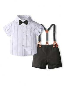 KIMOCAT 男孩夏季紳士風格短袖條紋襯衫和吊帶短褲套裝 - 白色 - 查看 1