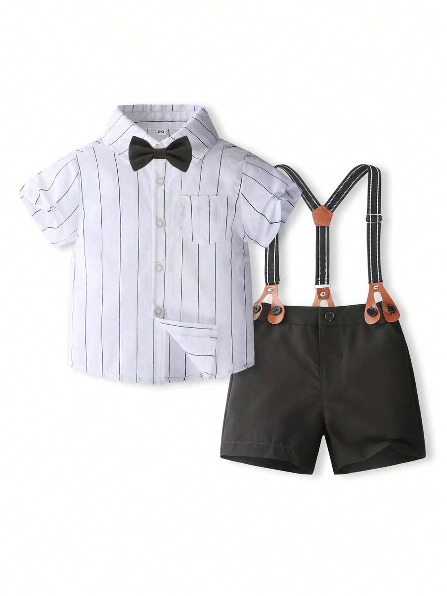 KIMOCAT 男孩夏季紳士風格短袖條紋襯衫和吊帶短褲套裝 - 白色 - 查看 1
