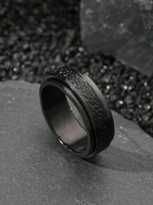 1pc Black Spin Ring Anxiety Ring Retro Pattern Back To School Men's Ring Punk Gothic Style Suitable For Everyday Wear Friends Party - Black - View 8
