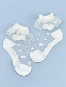 3 Pairs Kids' Breathable Glass Silk Princess Lace Socks, Spring/Summer White Thin Style - White - View 3