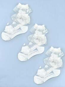 3 Pairs Kids' Breathable Glass Silk Princess Lace Socks, Spring/Summer White Thin Style - White - View 1