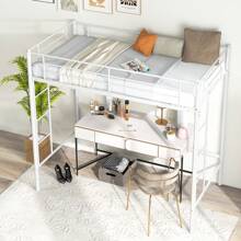 Twin Size Loft Bed Heavy Duty Metal Loft Bed Frame With Safety Guardrail Silver/White/Black - trắng - Xem 8