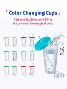 paquete de 6 - Tazas de plástico reutilizables de 710ml con tapa y pajita que cambian de color con confeti, para café helado, fiestas, piscina - Tazas para niños y adultos