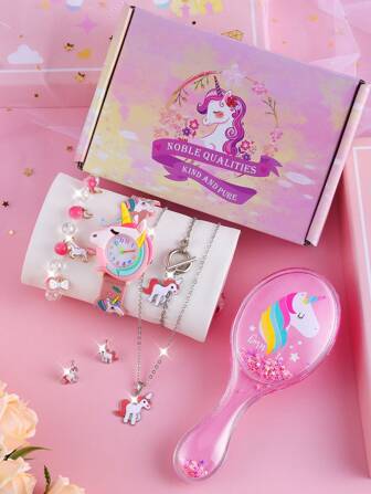 卡通獨角獸矽膠帶學生手錶，適合生日女孩，附有彩虹馬氣墊梳、頸鏈、耳環、手鐲套裝，7件裝禮盒
