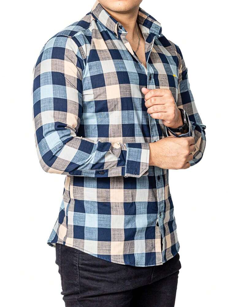 Camisa Hombre Casual Slim Fit Cuadros Marino, Verde, Beige - Azul Marino - Añade 4