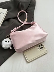 女士時尚簡約夏季單肩包，純色設計，搭配可愛吊飾，尺寸為9.4x5.5x3.1英寸，女士休閒日常手提包