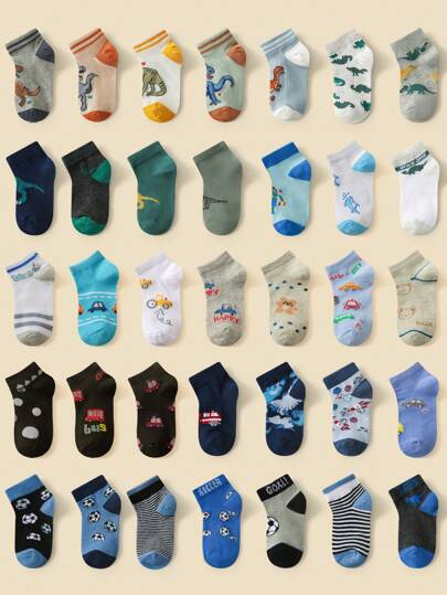 12 Pares de calcetines para niños con dibujos animados de dinosaurios, coches de juguete, temática deportiva y patrón de rayas, cómodos y cortos. Adecuados para regalo y uso diario. Los estilos se enviarán al azar.