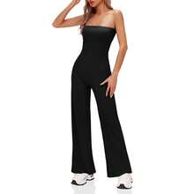 BZB Women's Strapless Ribbed Flare Jumpsuits One Piece Tube Top Casual Long Pants Rompers - Black - View 3