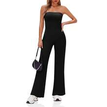 BZB Women's Strapless Ribbed Flare Jumpsuits One Piece Tube Top Casual Long Pants Rompers - Black - View 1