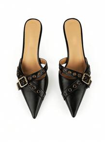 Mules Heels For Women Pointed Closed Toe Kitten Heeled Sandals Buckle Slip On Studded Pointed Stiletto Heels Party Dress Pumps - màu đen - Xem 2