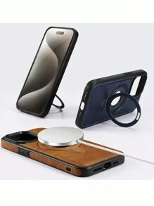 手机支架复古 PU 皮革磁性手机壳适用于 16 15 14 Plus 13 12 Pro Max - 带隐形指环支架支持无线充电防水防震防摔防刮 - 棕色 - 查看 9