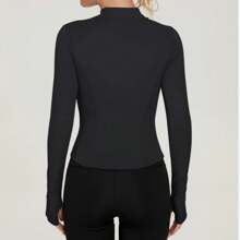 Women's Sport Jacket Lightweight Full Zip Up Yoga Jacket,Suitable For Outdoor Activities,Slim Fit Workout Gym Running With Thumb Holes, Solid Color Stand Collar Sports Tops, Slim Fit Yoga Outerwear, Women's Sportswear Workout Clothing For Indoor Outdoor Wear - 黑色 - 查看 3