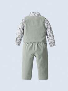 3 件套年轻男孩绅士服装套装：带蝴蝶结的衬衫、背心和裤子，时尚，适合生日派对、婚礼、洗礼 - 綠色 - 查看 1