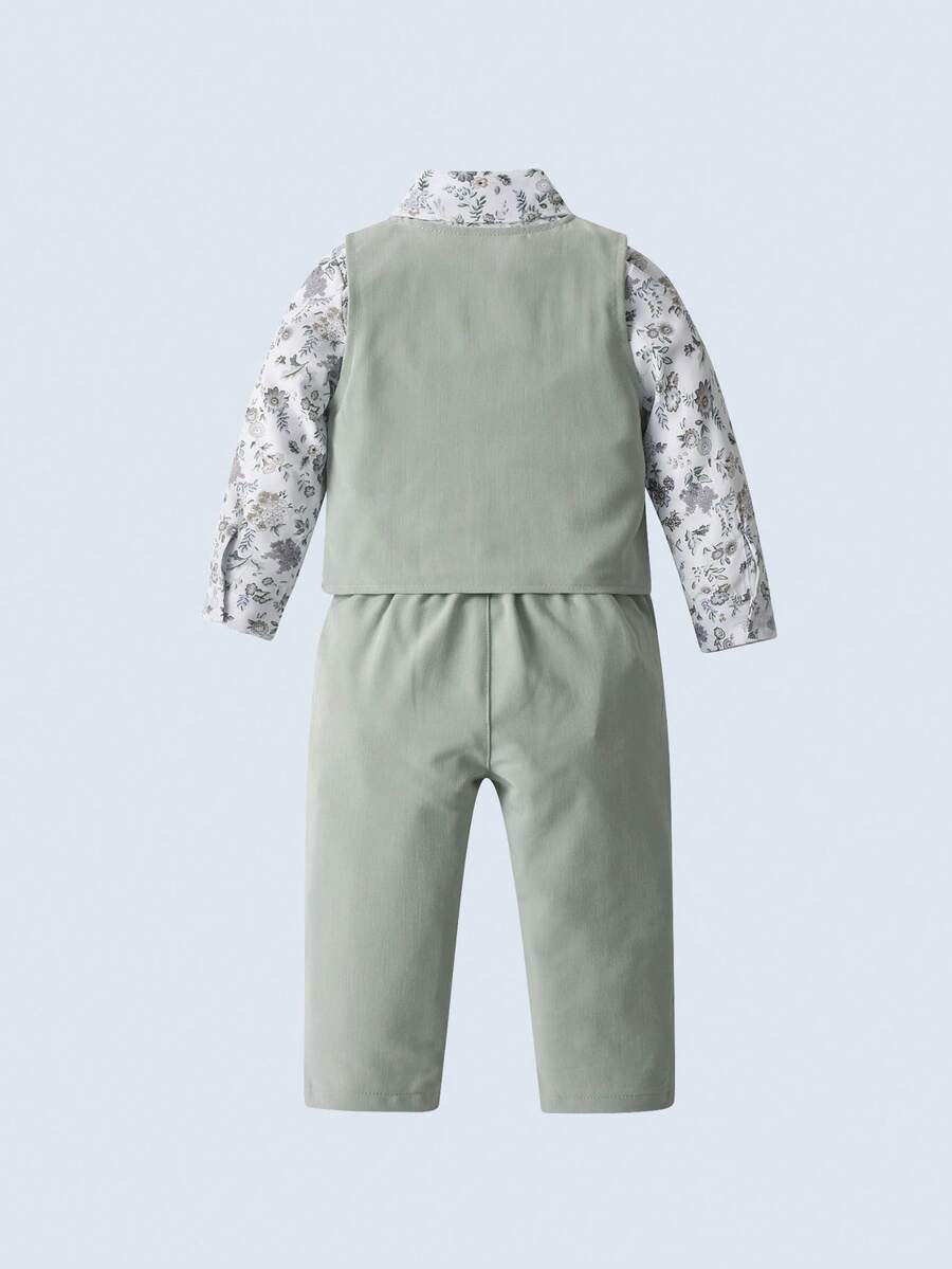 3 件套年轻男孩绅士服装套装:带蝴蝶结的衬衫、背心和裤子,时尚,适合生日派对、婚礼、洗礼 - 綠色 - 查看 1