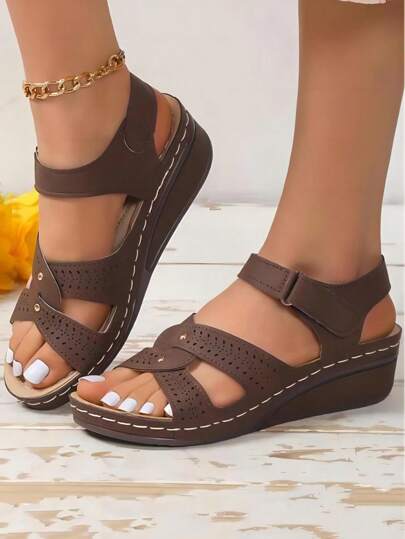 女士新款時尚楔形跟舒適平台涼鞋，休閒開趾媽媽鞋