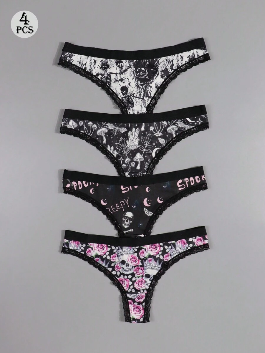 Dircho 4pcs Gothic Women's Lace Thong Briefs - Dark-Style Multi-Pattern Print Skull & Rose & Spider Web & Crystal Comfy Intimate Underwear - Multicolor - View 1