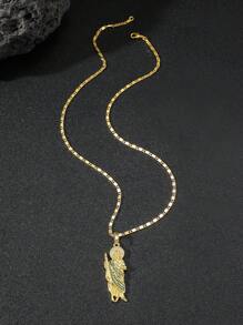 1入組 男士歐美風格金色時尚3D耶穌＆聖猶達綠寶石吊墜項鍊，嘻哈風格多彩寶石3D人物吊墜項鍊 - 金黃色 - 查看 5