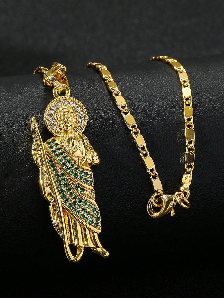 1入組 男士歐美風格金色時尚3D耶穌&聖猶達綠寶石吊墜項鍊,嘻哈風格多彩寶石3D人物吊墜項鍊 - 金黃色 - 查看 1