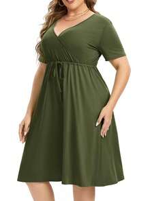 Women's Plus Size Dress V Neck Knee Length Wrap A-Line Mini Dress With Belt - Olive Green - View 2