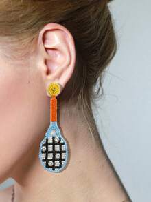 Tennis Racket Earrings, Sporty And Vivacious Handmade Beaded Earrings With Rice Pearls - Blue - View 4