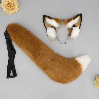 Handmade Plush Fox Ears Headband Hair Hoop Fox Tail Anime Cosplay Accessories Fluffy Beast Ear Beast Tail Wolf Ear Wolf Tail Cat Ear Cat Tail Party Props For Women Girls Prom
