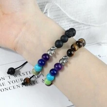 魅力大象吊墜手鍊，串珠手編手鍊，黑白天然石首飾男女禮物 - 彩色 - 查看 8