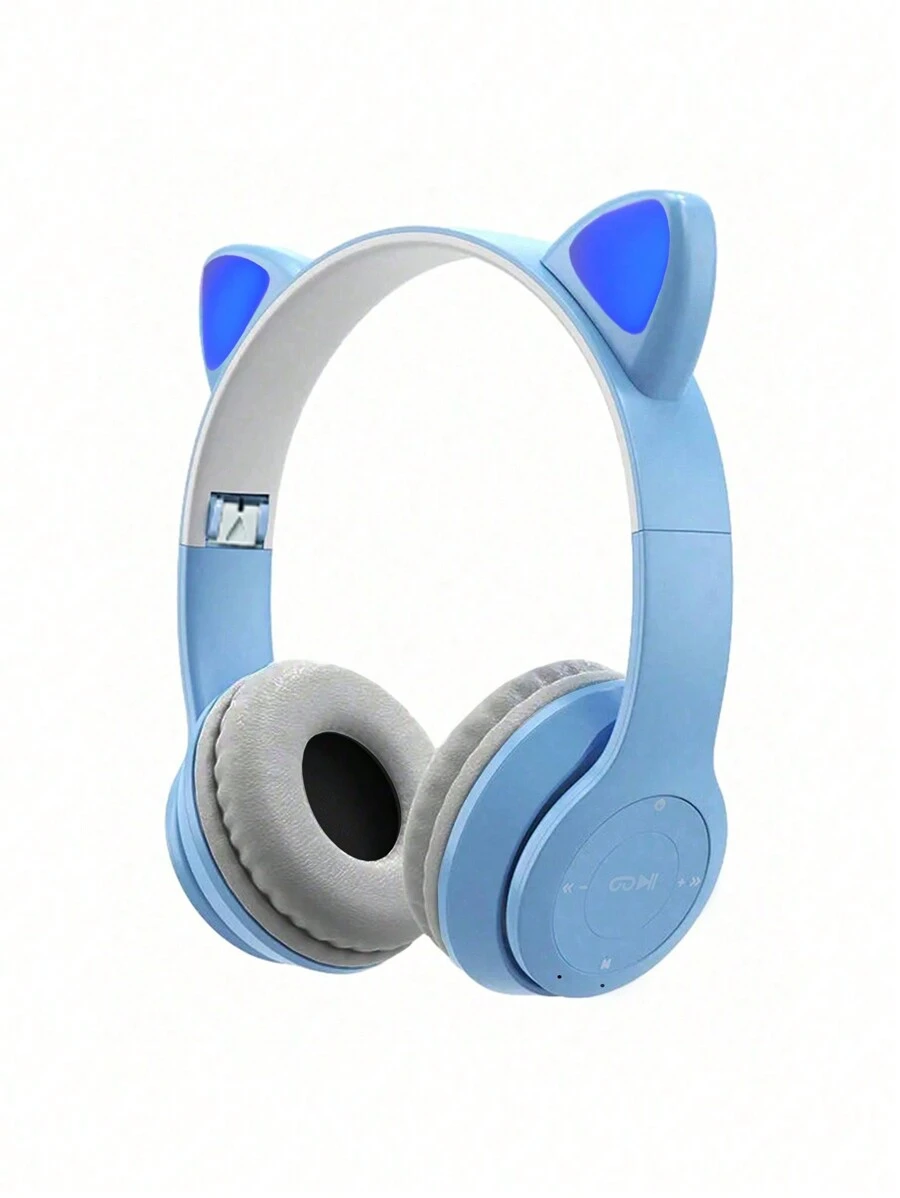 無線耳機,5.0升級,長久電池壽命,降噪,閃閃發光的貓耳朵無線耳機 - 藍色 - 查看 1