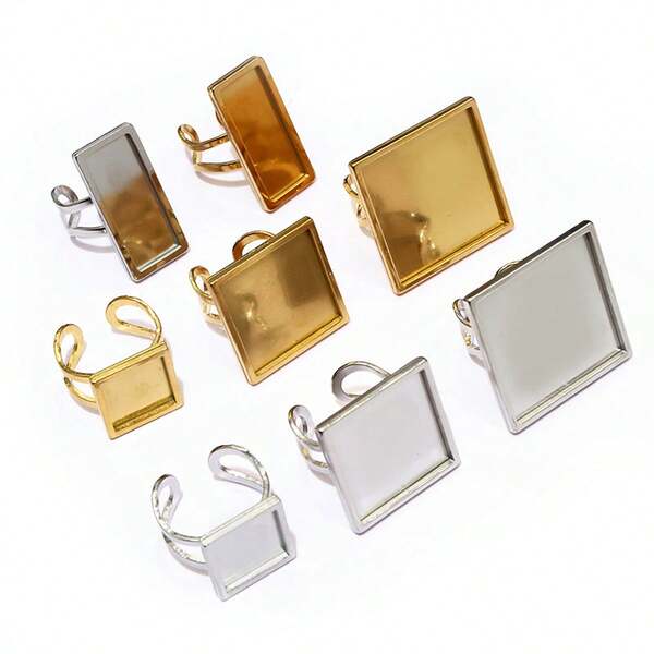 2pcs Square Rectangle Stainless Steel Thick Adjustable Ring Settings Blank Base Fit 12/20/25mm 18x25mm Cabochon DIY Findings