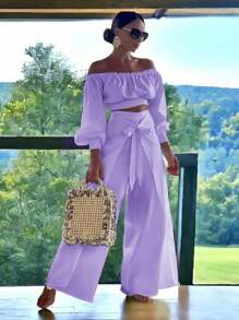 Conjunto Top De Hombro Descubierto Con Mangas Holgadas Y Pantalones Anchos De Pierna Para Mujer - Lila - Ver 3