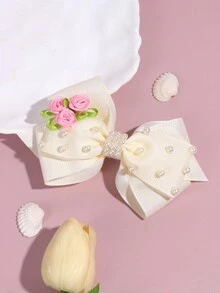 1入流行白色仿珍珠蝴蝶結髮夾，配以玫瑰花裝飾，適合約會或婚禮季節的女士髮飾 - 米色 - 查看 4