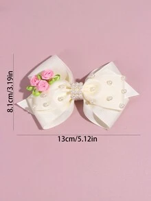 1入流行白色仿珍珠蝴蝶結髮夾，配以玫瑰花裝飾，適合約會或婚禮季節的女士髮飾 - 米色 - 查看 3