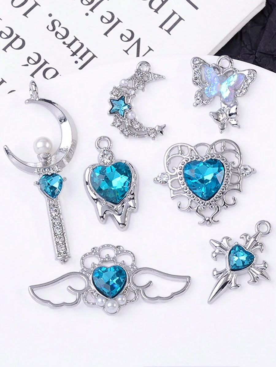 5 件粉蓝色系列心形和蝴蝶形合金 DIY 手链项链配件，手工制作，复古时尚 - 5pcs - 查看 1