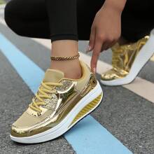 Damen glänzende Sportschuhe mit dicker Sohle und erhöhter Höhe, Outdoor Laufschuhe, Keilabsatz atmungsaktive Mesh-Wanderschuhe