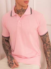 Lucky Star Modas Men's Striped Polo Shirt Piquet Knit - Pink - View 1