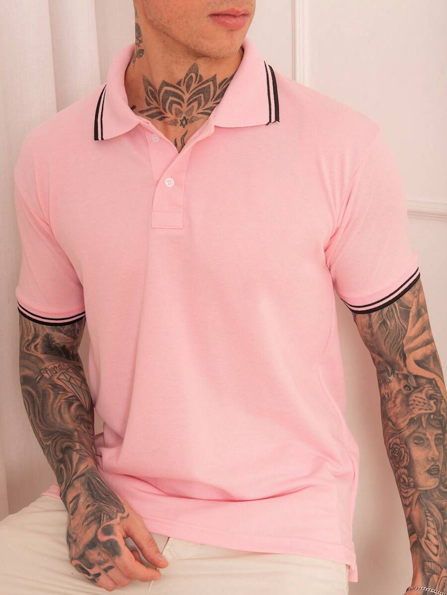 Lucky Star Modas Men's Striped Polo Shirt Piquet Knit - Pink - View 1