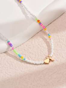 1pc Mixed-Color Rice-Shaped Beaded Heart & Letter Pendant Necklace