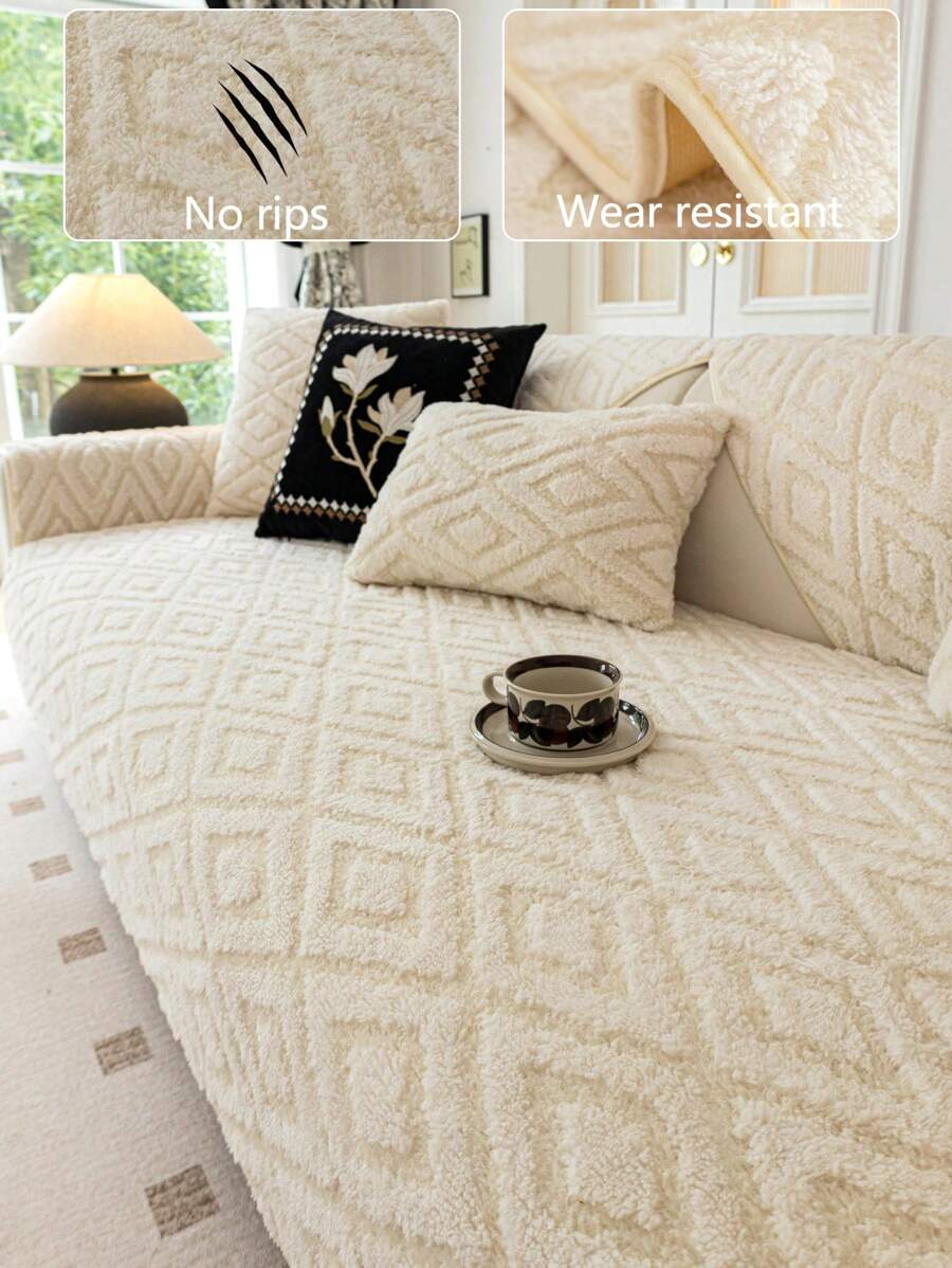 1入組毛絨沙發坐墊，厚實保暖，現代簡約設計，全季節適用，防滑，可機洗，防塵，防污，不褪色及脫落，適用於L型及1/2/3/4人位沙發，適用於秋冬季節 - 米色 - 查看 1