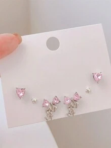 6pcs/Set Y2K Pink Heart Stud Earrings For Women Girls Bow Dangle Earring Set Sweet Crystal Bowknot Drop Earring Fashion Jewelry