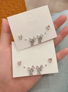 6pcs/Set Y2K Pink Heart Stud Earrings For Women Girls Bow Dangle Earring Set Sweet Crystal Bowknot Drop Earring Fashion Jewelry