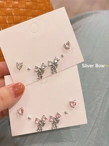 6pcs/Set Y2K Pink Heart Stud Earrings For Women Girls Bow Dangle Earring Set Sweet Crystal Bowknot Drop Earring Fashion Jewelry