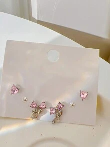 6pcs/Set Y2K Pink Heart Stud Earrings For Women Girls Bow Dangle Earring Set Sweet Crystal Bowknot Drop Earring Fashion Jewelry