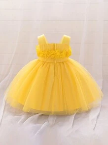 Baby Girls' Solid Color Mesh Sleeveless Wide Strap 3D Floral Elegantc Flower Girl Dress For Wedding Party, Headband Not Included - Yellow - View 2