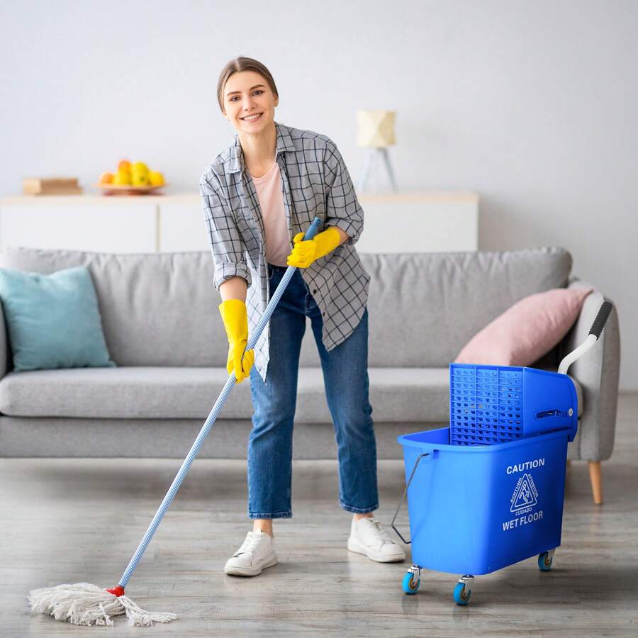 HOMCOM Chariot de nettoyage lavage seau de ménage 20 L avec essoreur et séparateur eau propre bleu 60L x 27l x 70,5H cm - bleu indigo - Voir 1