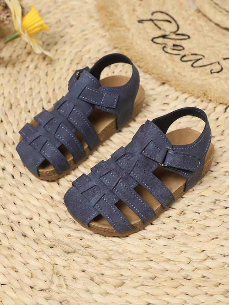 1pair Kids Solid Color Woven Non-Slip Soft Sole Hook And Loop Vintage Fashion Sandals For Beach, Summer - Blue - View 1