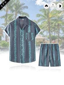 Conjunto De Playera Mangas Cortas Y Short Para Hombre Camiseta & de cintura con cordón Shorts - Azul - Ver 2