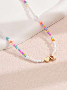 1pc Mixed-Color Rice-Shaped Beaded Heart & Letter Pendant Necklace